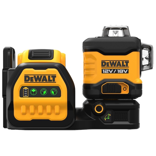 DEWALT DCE089D1G18 yellow and black laser level tool with battery and control panel.