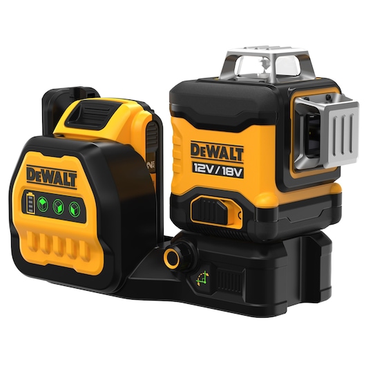 DEWALT 12V/18V green laser level tool with charger, compact and sturdy for precise measurements.