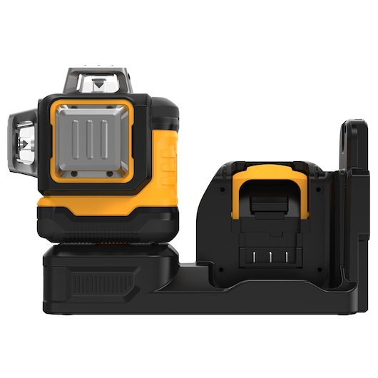 DEWALT DCE089D1G18 laser level and charger in black and yellow for precise alignment tasks.