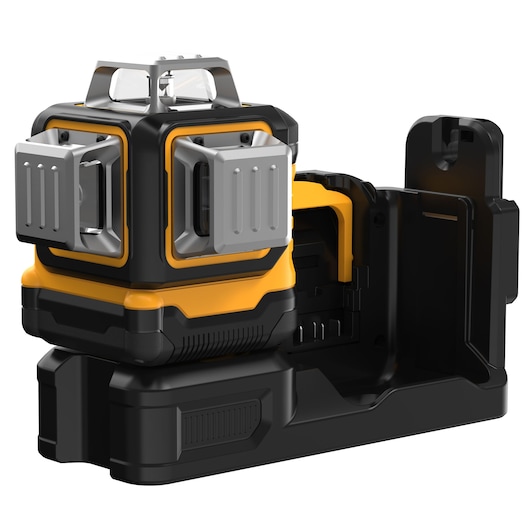 DEWALT DCE089D1G18 laser level in yellow and black with protective covers, mounted on a charging base.