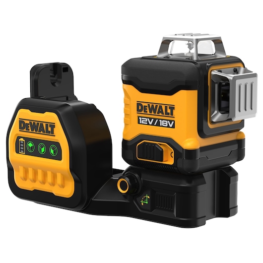 DEWALT 12V/18V laser level tool with black and yellow body and control buttons, suitable for precise measurements.