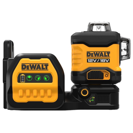 DEWALT DCE089D1G18 green cross line laser level with charging base, 12V/18V, suitable for precise measurements.