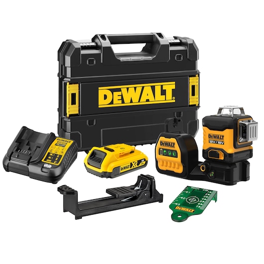 A DEWALT laser level kit including a black and yellow carry case, a battery charger, rechargeable battery, mounting bracket, green laser level, and a green target plate.