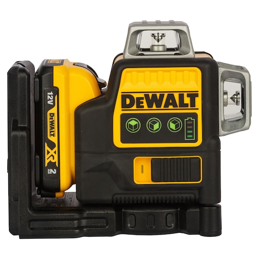 DEWALT 12V rechargeable laser level with green indicators, battery status, and three mode buttons.