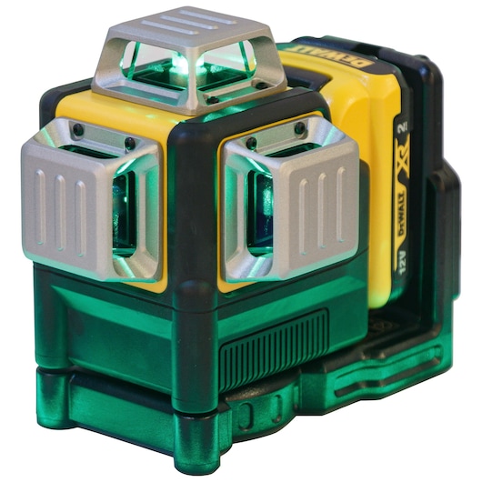 DEWALT green laser level tool with three laser windows and rechargeable battery, used for precise measurements.