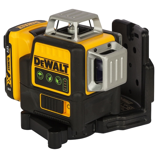 DEWALT yellow and black 12V green line laser level tool designed for construction and precise alignment tasks.