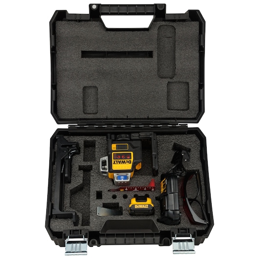 DEWALT laser level kit in a black foam-lined carrying case with accessories, battery, and safety glasses.