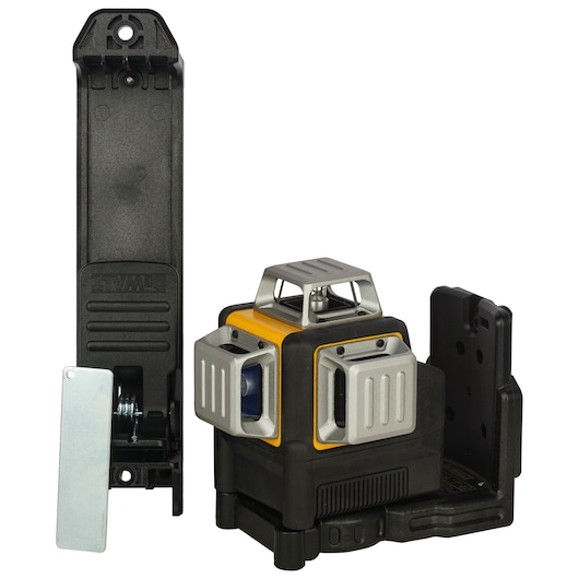 DEWALT laser level device with mounting accessory, used for precise alignment in construction and photography.