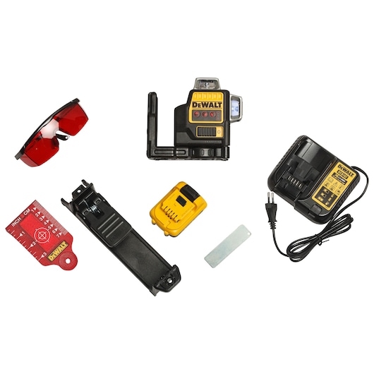 DEWALT laser level kit with laser, charger, battery, red glasses, bracket, target card, and accessory.