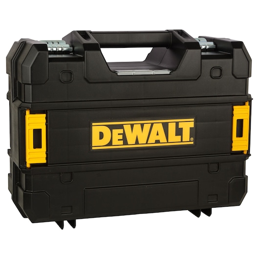 Black DEWALT hard carrying case with yellow accents and handle, suitable for storing tools or accessories.