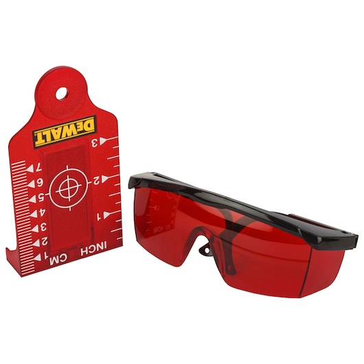 DEWALT red measurement target and protective red-tinted safety glasses for laser photography or alignment tasks.