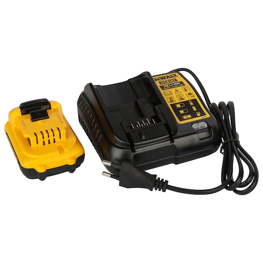 DEWALT battery charger and battery with power cord, suitable for photography tools.
