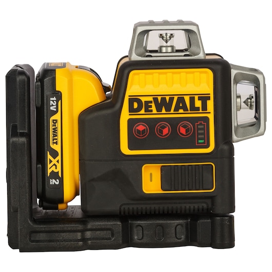 DEWALT 12V cordless laser level in black and yellow, shown on a mount, with battery and control icons visible.