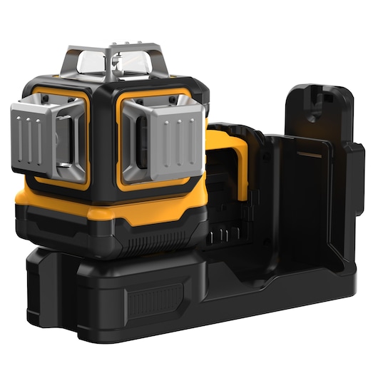 DEWALT DCE089NG18 photography laser level in black and yellow, with protective covers and base holder.
