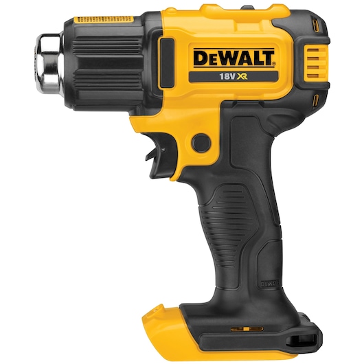 DEWALT DCE530N 18V cordless heat gun in yellow and black, ergonomic design, without battery.