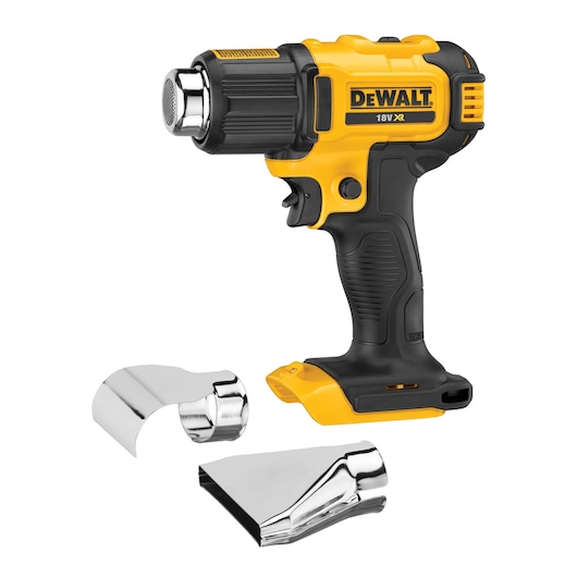 A yellow and black DEWALT 18V XR cordless heat gun with two interchangeable metal nozzles placed in front of it.