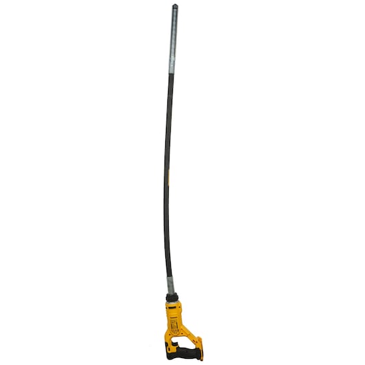DEWALT concrete vibrator tool with a long flexible shaft and yellow handle, shown on a white background.