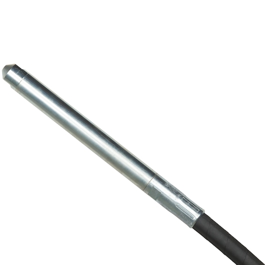 Close-up of a Dewalt concrete vibrator shaft with a metallic cylindrical tip and black handle.