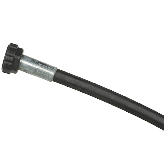 Close-up of a flexible black DEWALT tool hose with metal connector and plastic knob.