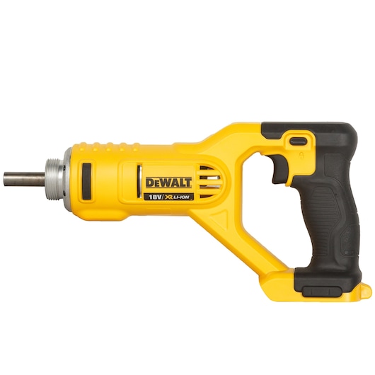 DEWALT 18V cordless concrete vibrator tool with yellow and black handle, shown on white background.