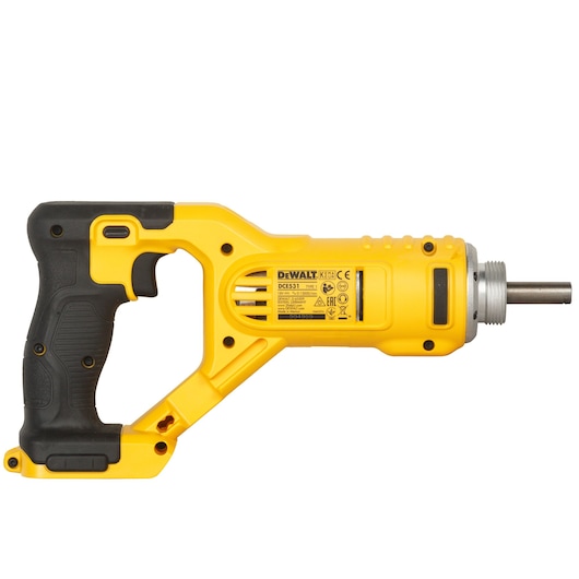 Yellow DEWALT DCE531N-XJ power tool with black grip, side view, shown against white background.