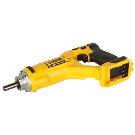 DEWALT yellow cordless tool, 18V Li-Ion, with black handle and battery slot, shown on a white background.