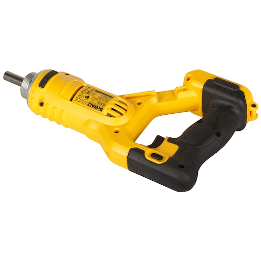 Yellow and black DEWALT tool with pistol grip, compact design, used for construction or photography tasks.