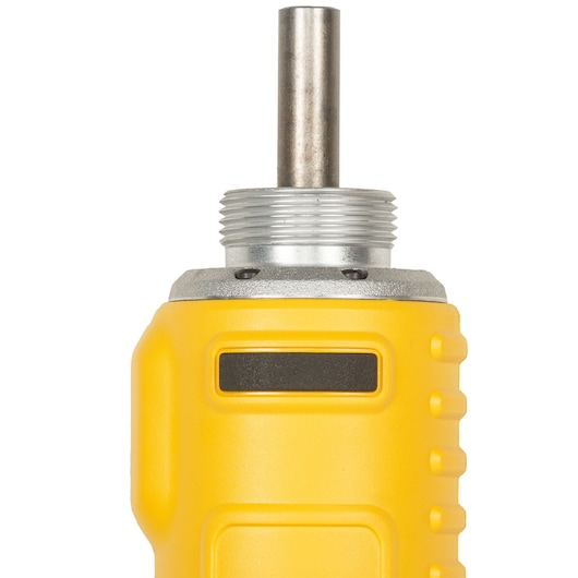Close-up of a yellow DEWALT tool showing the metal threaded shaft and textured grip handle.