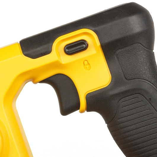 Close-up of DEWALT power tool handle with trigger and lock button in yellow and black.