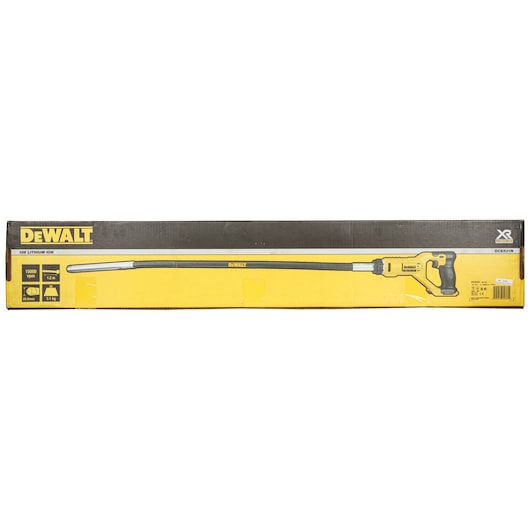 DEWALT DCE531N-XJ boxed tool, yellow and black packaging with product image and features displayed.