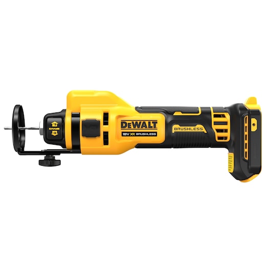 DEWALT DCE555N cordless rotary tool, yellow and black, brushless, side profile, no battery attached.