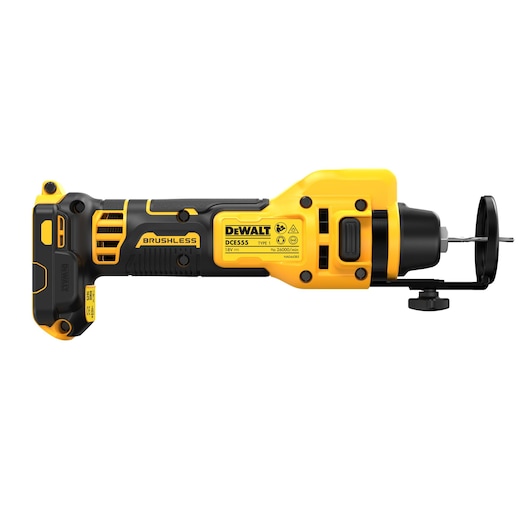 DEWALT DCE555N 18V brushless cordless rotary tool, yellow and black, side view with cutting accessory.