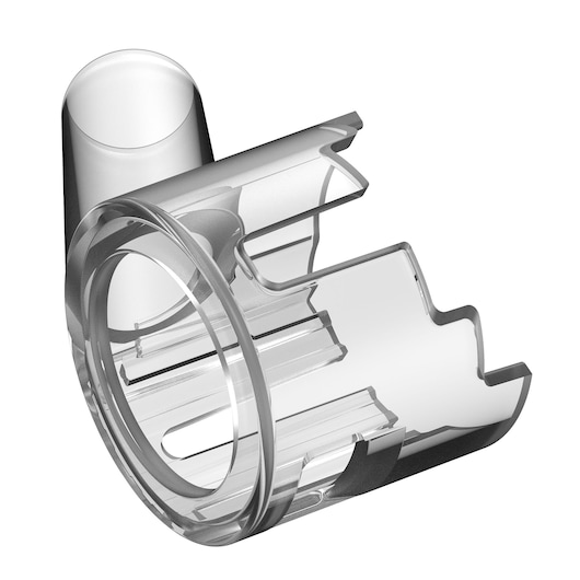 Transparent plastic nozzle attachment for DEWALT tool, shown from an angled perspective on white background.