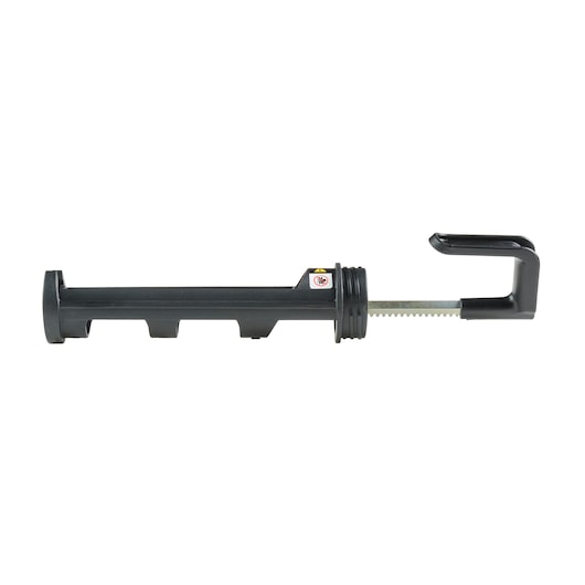 Black DEWALT caulking gun accessory with serrated metal rod and hook, shown on a white background.