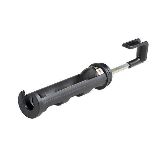 Black DEWALT caulking gun holder accessory, designed for secure tube placement during application.