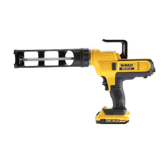 DEWALT cordless yellow and black caulking gun DCE560D1 with 18V battery, shown on white background.