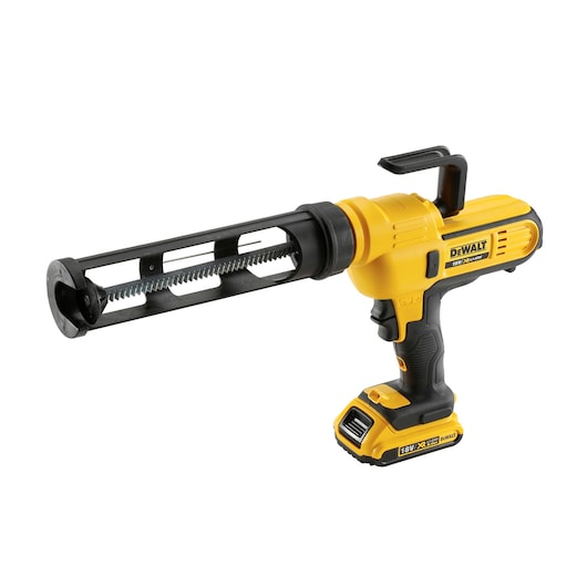 DEWALT DCE560D1 cordless caulking gun in yellow and black, shown isolated on a white background.