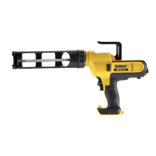 DEWALT DCE560N 18V cordless caulking gun with a yellow and black body, featuring an ergonomic handle, trigger, and open barrel for sealant application.
