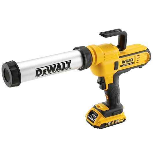 DEWALT cordless caulking gun for sealant application, yellow and black, 18V battery, side view.