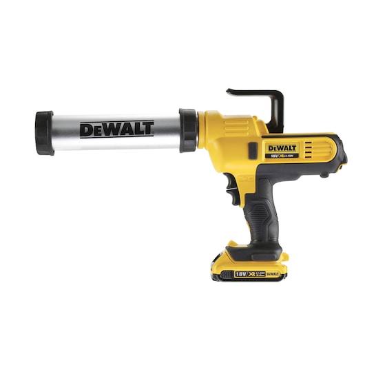 DEWALT 18V cordless caulking gun with yellow and black body, silver tube, and pistol grip.