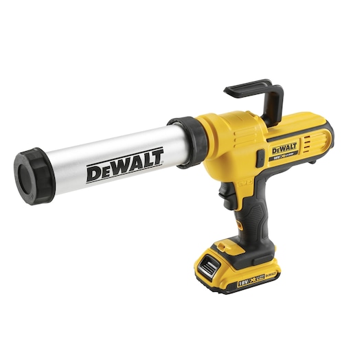 A DEWALT cordless caulking gun with a yellow and black design and a silver tube for dispensing caulk. The tool features a battery at the base and a handle for easy grip.