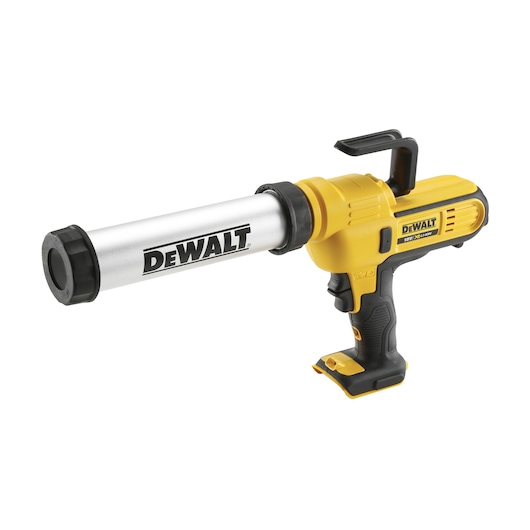 DEWALT cordless caulking gun, yellow and black, model DCE571N with tube attachment.