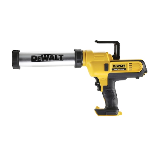 DEWALT 18V caulking gun DCE571N in yellow and black, with aluminum tube for sealant application.