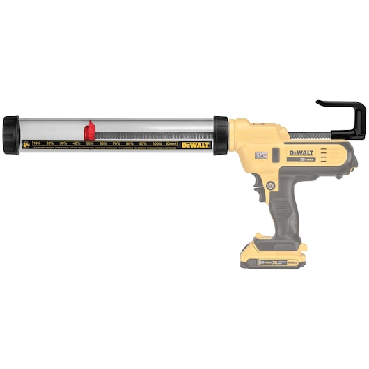 A DEWALT cordless caulking gun, model DCE5801-XJ, shown in yellow and black. The tube has a measurement scale and the battery compartment is visible at the bottom.