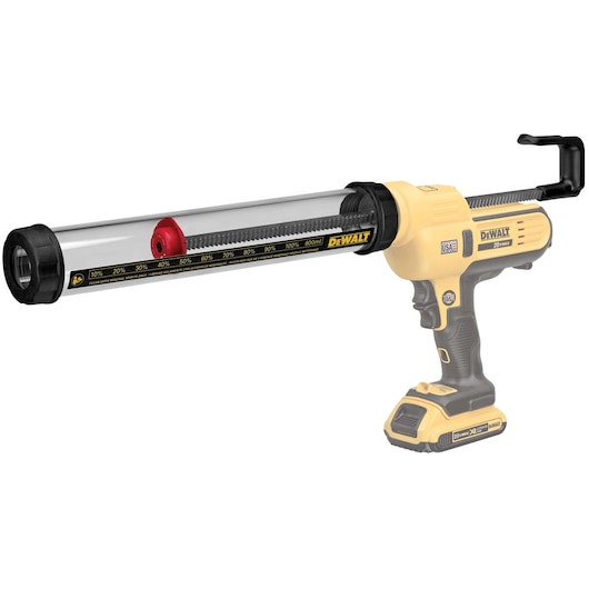 A DEWALT DCE5801-XJ clear tube for a cordless caulking gun, shown with measurement markings in milliliters and percentage for adhesive dispensing.