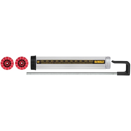 DEWALT cartridge kit consisting of a clear cylindrical tube with volume markings, two red circular end caps, and a long metal rod, displayed on a white background.