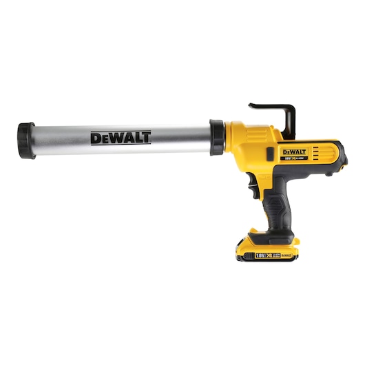 DEWALT DCE580D1 cordless caulking gun with yellow handle and silver tube. Battery attached at the base.
