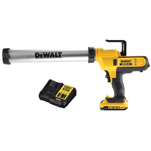A DEWALT 18V cordless caulking gun with a rechargeable battery and charger. The tool is yellow and black, with a cylindrical cartridge holder, shown alongside the included battery charger.