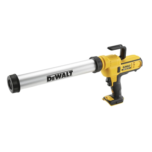 A DEWALT cordless caulking gun with a yellow and black handle and a long silver barrel, shown against a white background.
