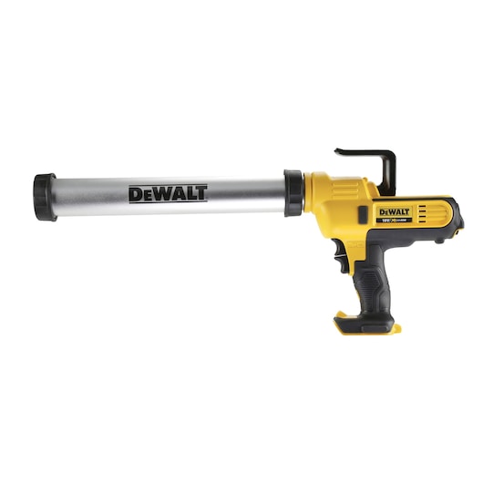 DEWALT DCE580N cordless caulking gun with a yellow and black handle and a silver tube, designed for dispensing sealant or adhesive.